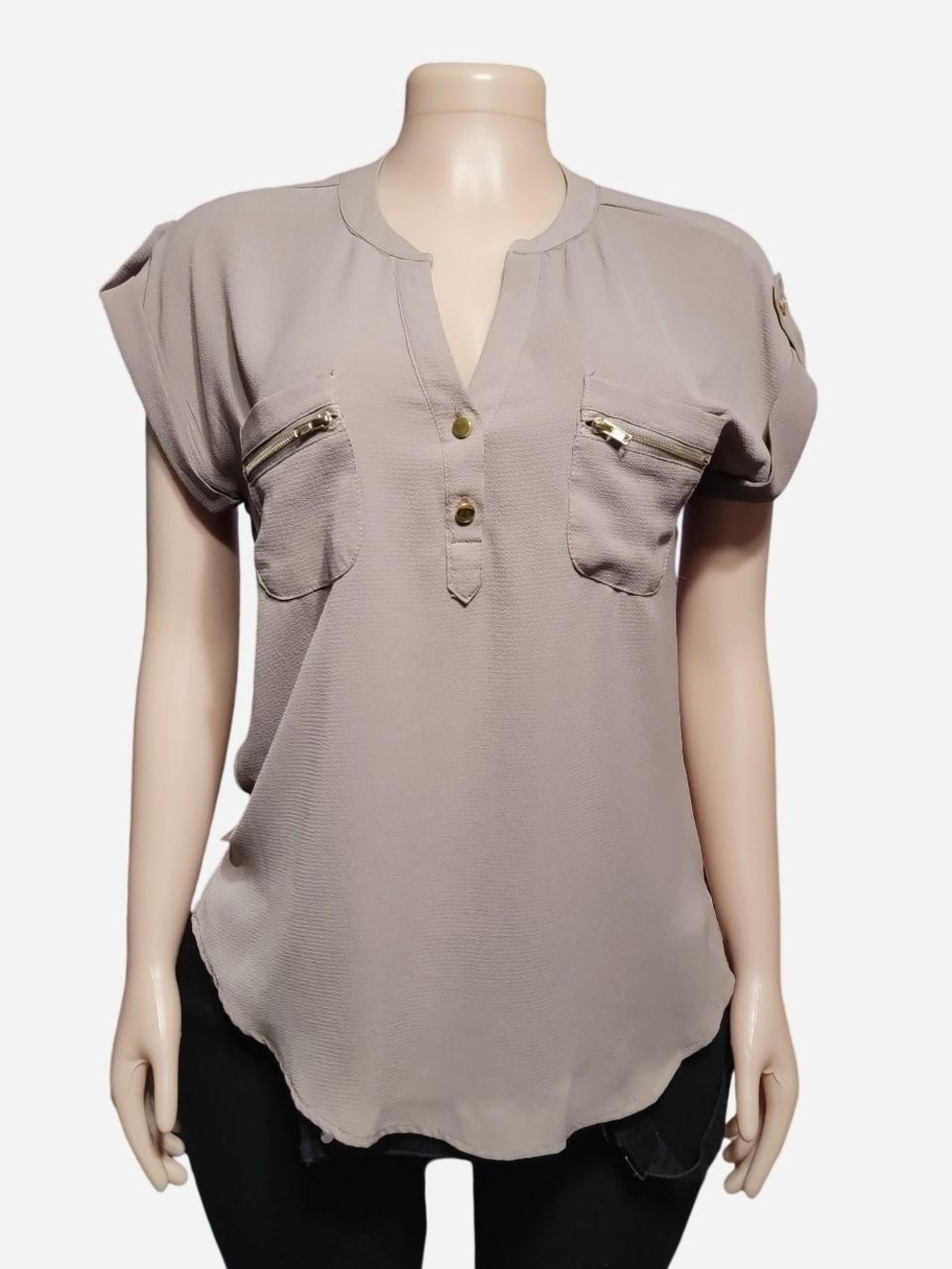 Lily White Taupe Short-Sleeve Henley Blouse with Zip Pockets